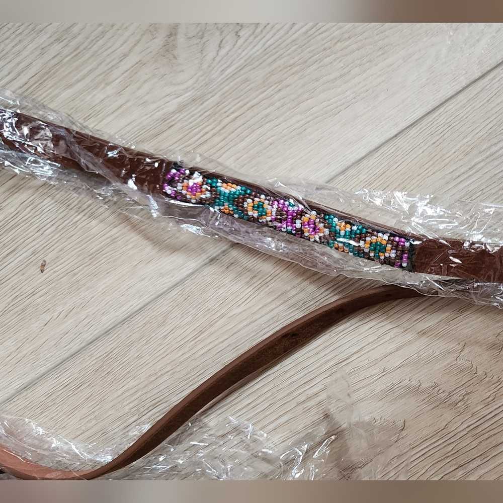 Embroidered Beaded Pattern Faux Leather Belt Brown New - Picture 2 of 4